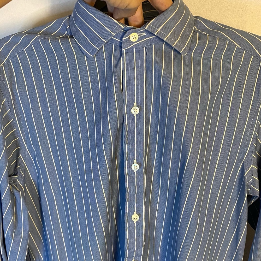 Ralph Lauren Purple Label blue dress shirt white stripes wide collar cotton 15